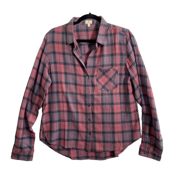 JOHNNY COTTON Women Shirt Size L Pink Purple Flannel Button Plaid Long Sleeve - Picture 1 of 10
